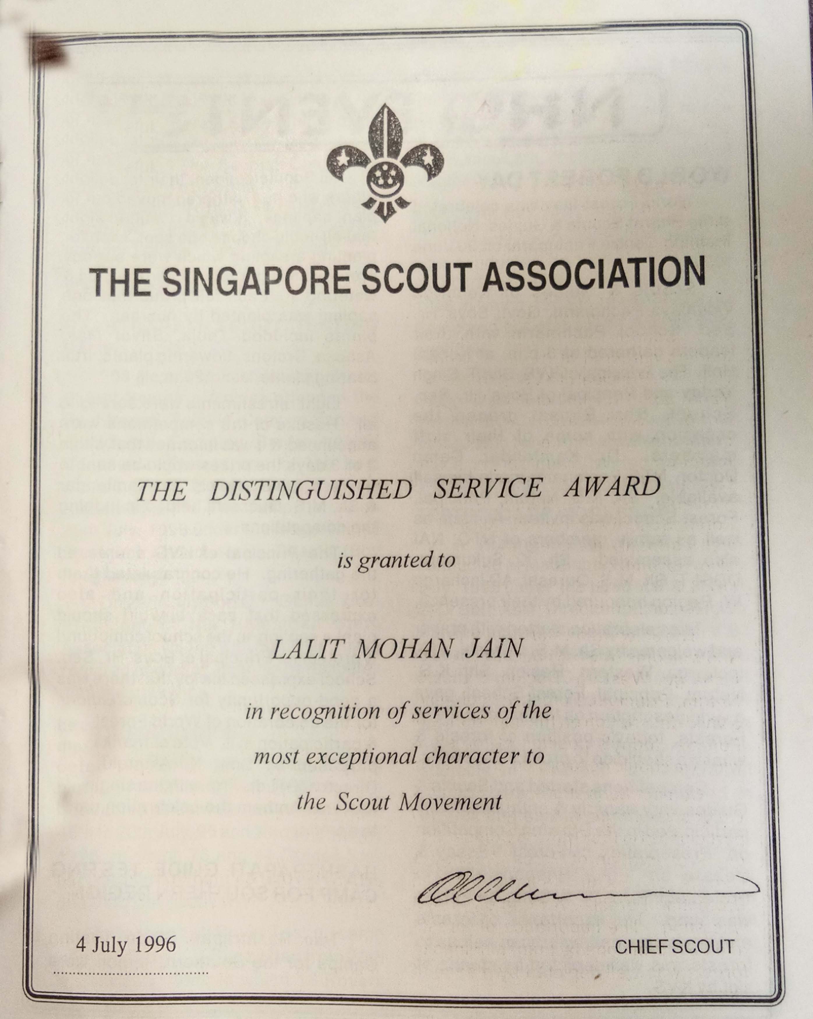 Distinguished Service Award to National Commissioner by Singapore Scouts Association