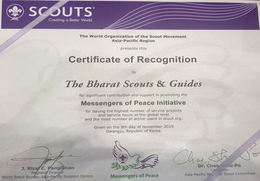 “Hero 2014” for Messengers of Peace to Bharat Scouts and Guides by World Organization of Scout Movement, APR Region
