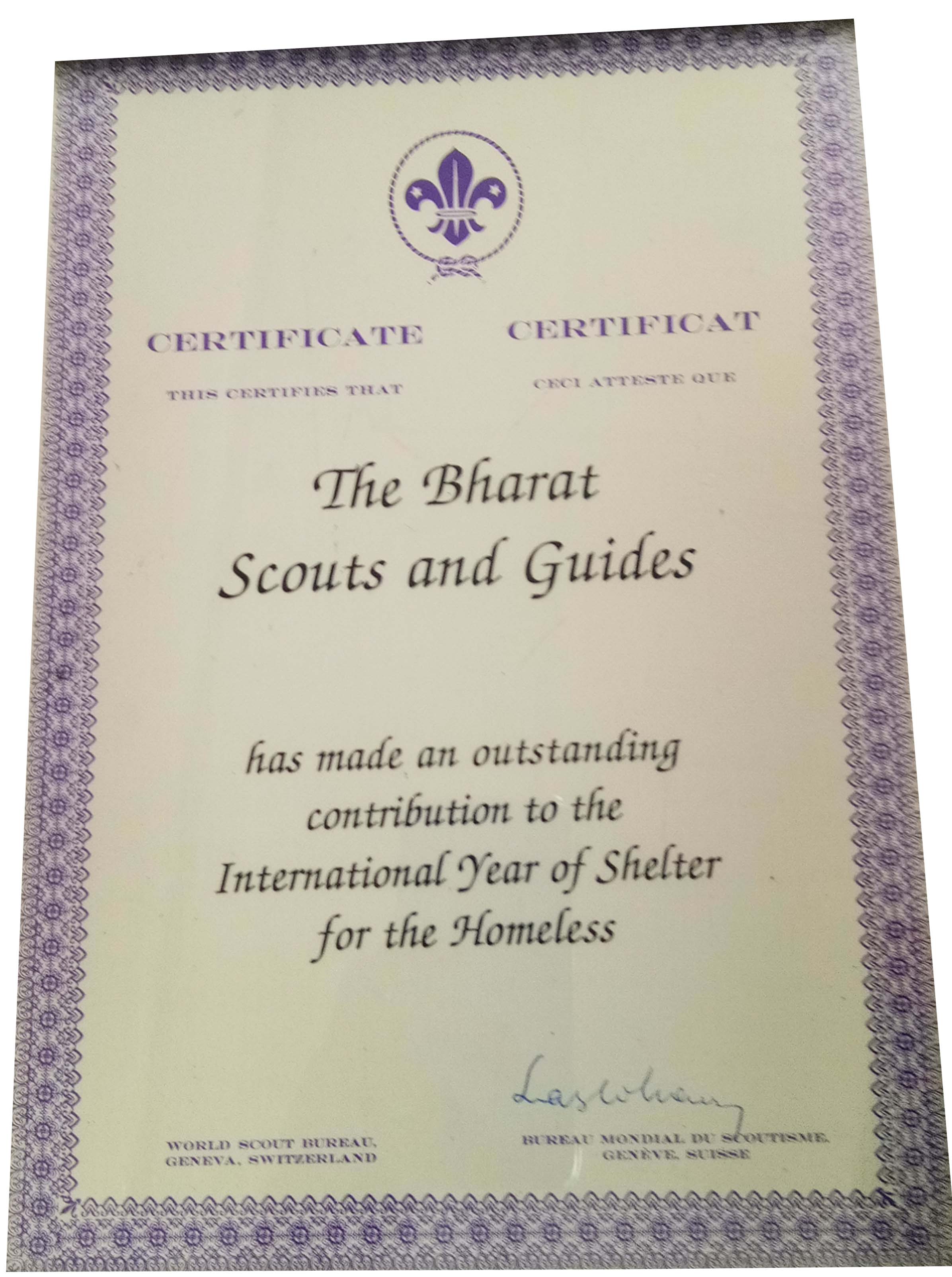 A special certificate from World Organization of Scout Movement for contribution to International year of shelter for Homeless