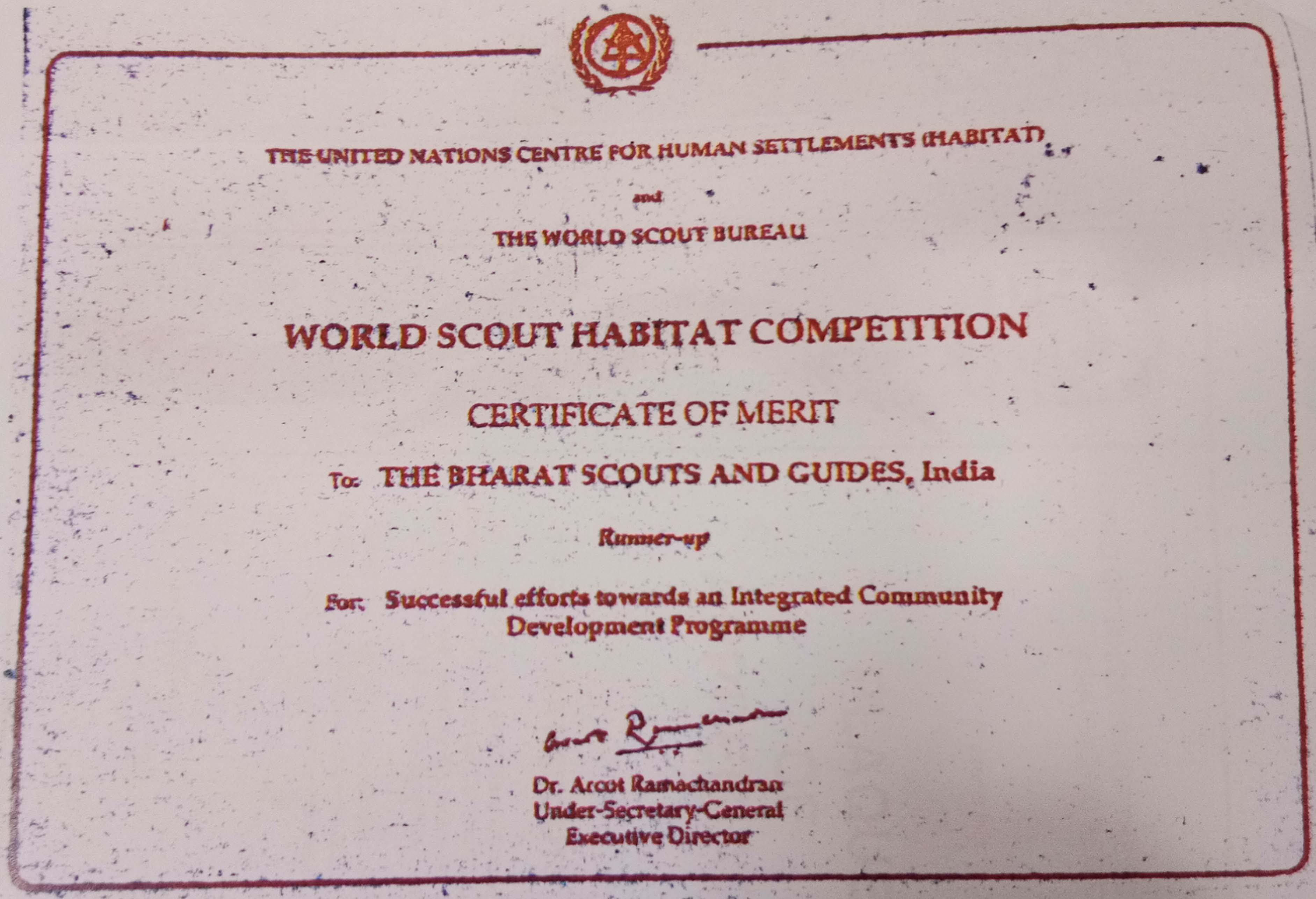 Certificate of Merit given by U.N. Centre for Human Settlement to the Bharat Scouts and Guides for successful efforts towards Integrated Community Development Program.